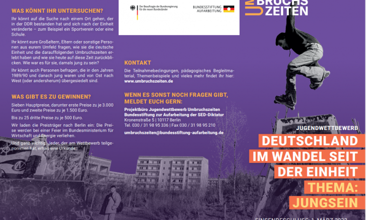 Die Bundesstiftung zur Aufarbeitung der SED-Diktatur startet zum zweiten Mal einen Jugendwettbewerb. Junge Menschen können die Familiengeschichten zum Mauerfall und zur Wiedervereinigung aus ihrer Sicht zusammentragen und zugleich viele Preise gewinnen.